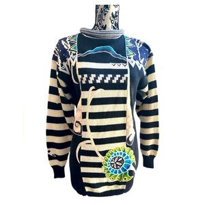 Vintage K. Riley 80s/90s Abstract Art Sweater – Bold Striped Knit –SzM/L
– Rare